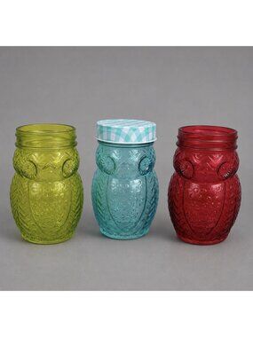 Lot of 3 Vintage Style Owl Shaped Glass Mason Jars Green Blue Red